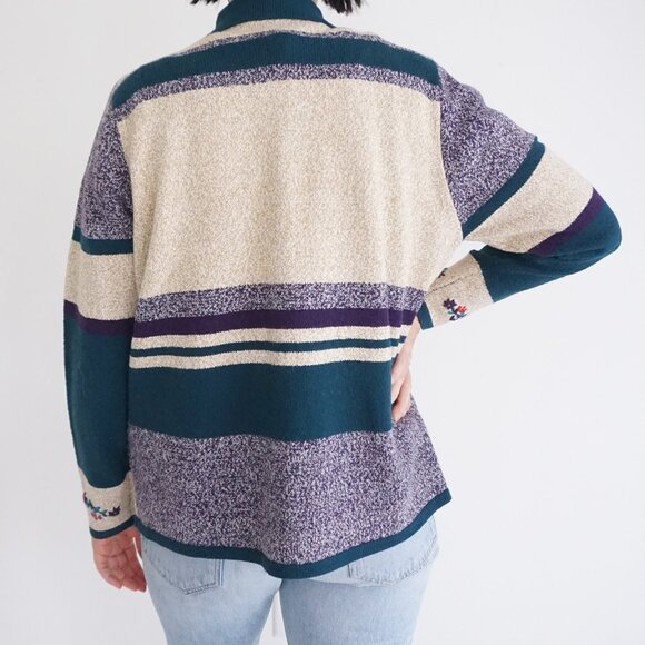 TanJay Teal Purple Patchwork Knit Cardigan Vintage Zip Sweater Grandmacore M - Picture 2 of 9